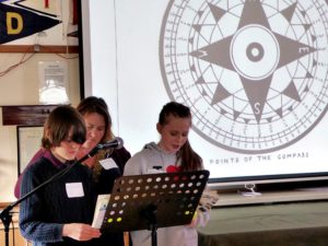 Charlie Drane, Stephanie Drane and Madeleine Young, Marathon Reading, Pin Mill, 21 Oct 2017. Photo by Peter Willis.