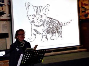 Sophie Neville reads the final chapter, Marathon Reading, Pin Mill, 21 Oct 2017. Photo by Peter Willis.